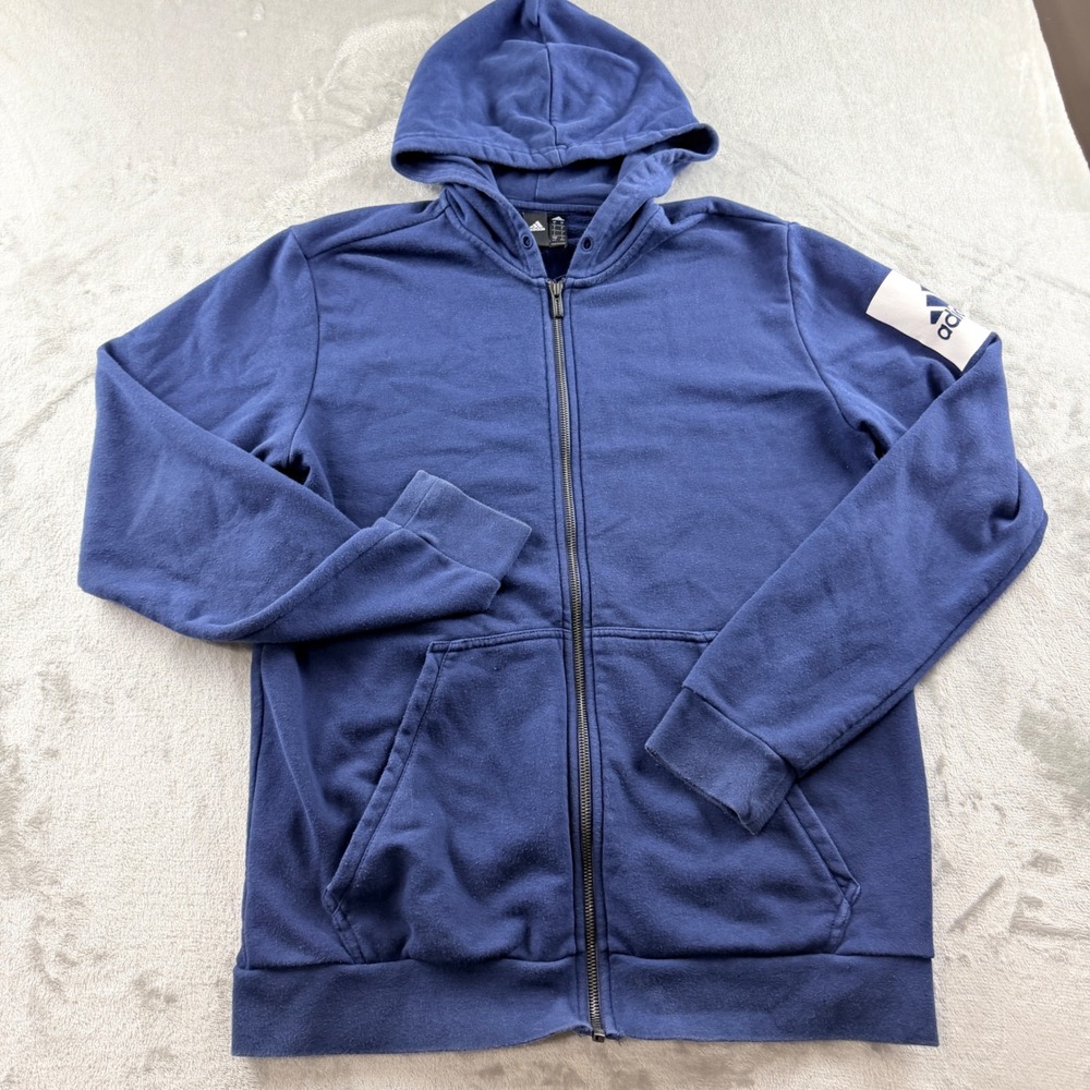 Adidas Men's Large Full Zip Hoodie Blue Cotton Blend Logo Sleeve Sportswear